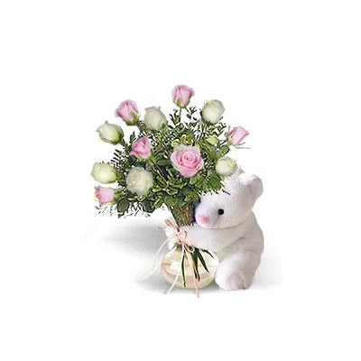 Bear w/ Pink & White Roses