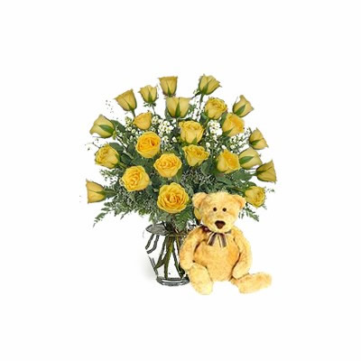 Teddy Bear w/ 2-Dz Yellow Roses