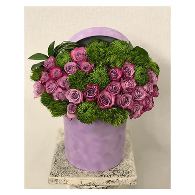 Purple and Green Arrangement in a Hat Box