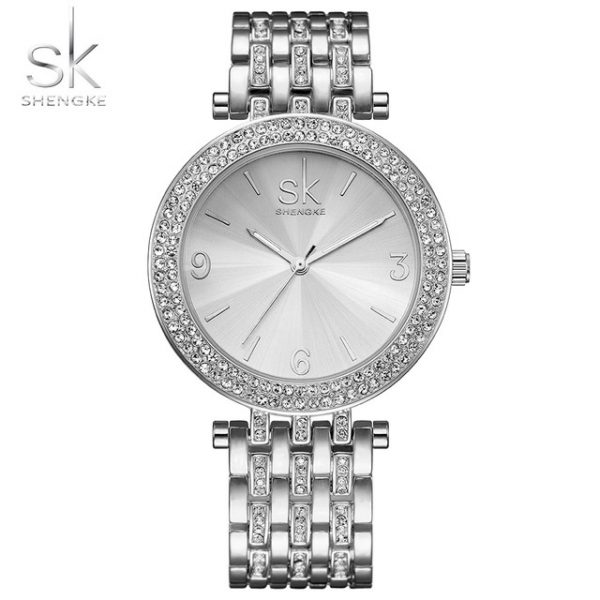 Shengke K0011 Gift SK Luxury Women Watch Crystal Sliver Dial Fashion Design Bracelet Watches Ladies Women WristWatch Shengke Birthday Gift Anniversary Gift