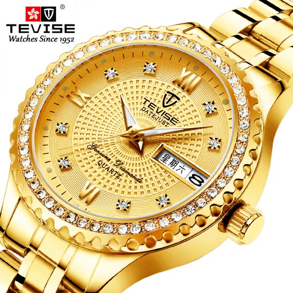 TEVISE T807L Women Japan Movement Quartz Watch Stainless Steel Back Auto Date Wristwatch Luxury Diamond Quartz